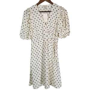 A New Day Women's Polka Dot Wrap Dress Short Puff Sleeve Cream Black Size S